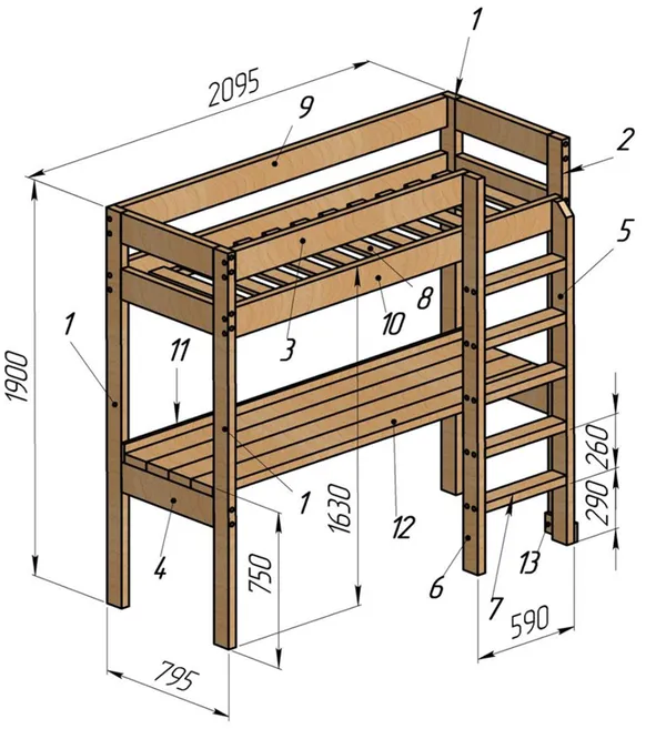 Сборочный чертеж двухъярусная кровать со столом.
