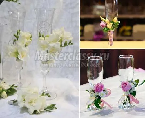 Оформление свадебных бокалов: выбор материалов, техники, мастер-классы. Как украсить бокалы на свадьбу своими руками. 3
