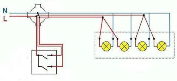 Схема подключения люстры с четырьмя лампочками на двойной выключатель