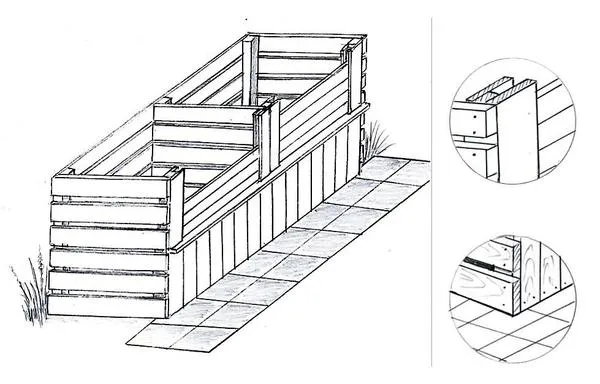 Эскиз двухсекционного компостного ящика с пояснениями, выполнен автором