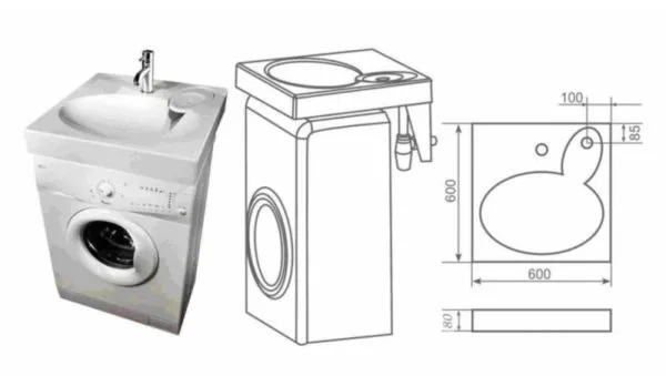 Внешний вид и чертеж раковины на стиральную машину