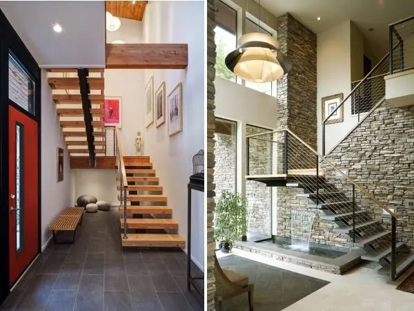 Металлические лестницы в доме - фото с деревянными ступенями