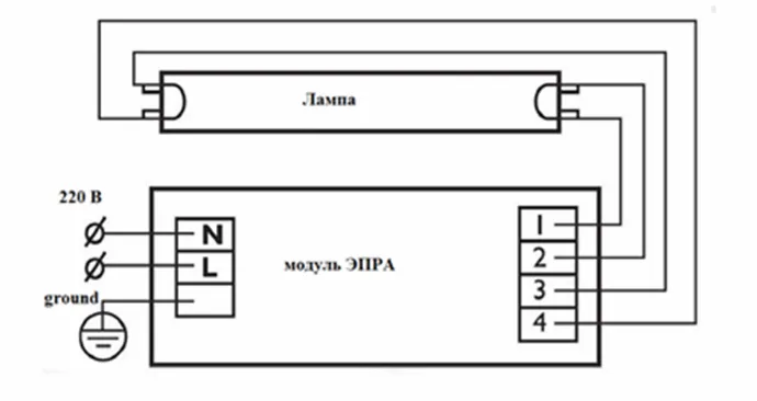 Схема подключения ЭПРА с одной лампой