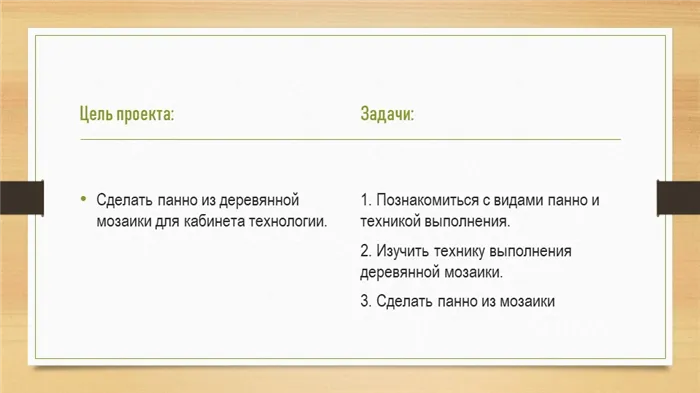 Цель проекта:Сделать панно из деревянной мозаики для кабинета технологии.Зада. 