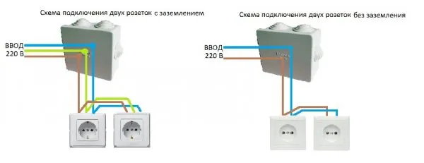 Схема подключения двух одиночных розеток